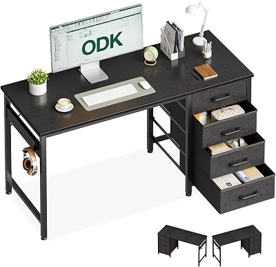 ODK Bureau met 4 laden, 120 x 48 x 75,7 cm, computertafel met hoofdtelefoonhouder, pc-tafel, omkeerbaar, houten bureautafel voor thuiskantoor, zwart