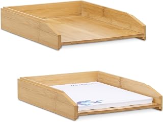 Relaxdays brievenbak, set van 2, bamboe, A4, stapelbaar, papier organizer, postbak voor bureau en kantoor, natuur