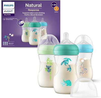 Philips Avent Natural Response-babyfles van 260 ml met speen voor gemiddelde toevoer (Flow 3), set van 3, met tropisch design, SCY903/73
