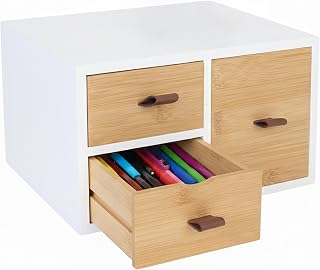 Relaxdays bureau organizer, met 3 lades, handgrepen, bamboe en MDF, 15x25x20 cm, wit-natuur
