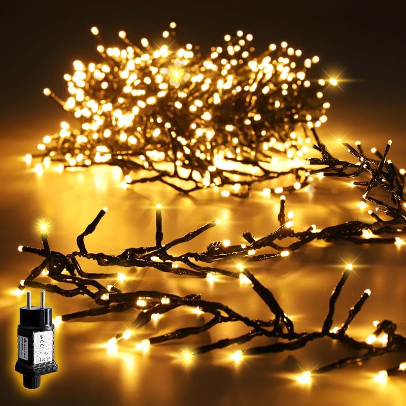 Salcar 2m 200 LED Cluster Lichtsnoer voor buiten, kerstlichtsnoer met 8 standen en geheugenfunctie, waterdicht kerstboomverlichting voor binnen en buiten, tuin, kerstboom, bruiloft, warm wit
