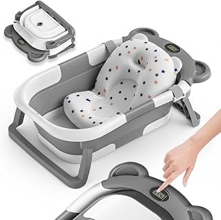 SUPERBE BEBE Opvouwbaar Baby Bad Met Antislip Badkussen - Baby Bath Tub Voor New Born - Babybad Met Thermometer Voor Watertemperatuurregeling - Babybadje Van Geboorte Tot 3 Jaar - Grijs
