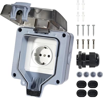 Buitenstopcontact, waterdicht IP66, opbouw, 16 A, geschikt voor vochtige ruimtes, buiten, met klapdeksel, outdoor stroomverdeler, tuinstopcontact, opbouwstopcontact, wandmontage, elektrische
