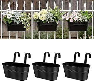 Metalen hangende bloempot van 28 cm voor binnen - 3 stuks metalen balkonemmers met afneembare haken en afvoergaten, grote ovale omheining, hangende plantenbakken voor reling, buiten, geweldig voor