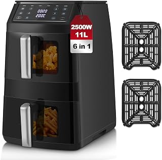 TopStrong Air Fryer 11 l, friteuse zonder olie met 2 kijkladen, verticale dubbele stack, 2500 W & 40 – 220 °C, 6 kookfuncties, compact design