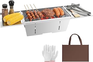 Uten Draagbare opvouwbare barbecue, roestvrijstalen houtskoolbarbecue met opvouwbare kruidenplaat, opbergtas, handschoenen, bureau tafelblad, barbecue voor tuin, buiten, strand, koken, kamperen