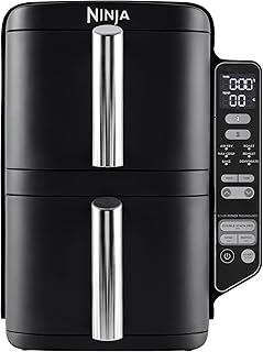 Ninja Double Stack Airfryer, Verticale Friteuse met Dubbele Lades en 4 Kookniveaus, 2 Lades en 2 Rekken, Ruimtebesparend Ontwerp, 7,6 Liter Inhoud, 6 Kookfuncties, 6 Porties, Grijs SL300EU