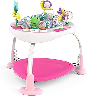 Bright Starts, Bounce Bounce Baby 2-in-1 activiteitencentrum-trui en tafel - speelse handpalmen met 7 interactief speelgoed, in hoogte verstelbaar, opbergtas, 360° rotatie, leeftijd 6 maanden, roze