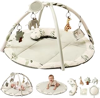 Fortella Fitnessstudio voor baby's, activiteitenmat, opvouwbare speeldeken met 5 hangend speelgoed, spiegel en kussen, gevoerde mat voor kruipen, kinderontwikkeling, 0-3-6-12 maanden, groen