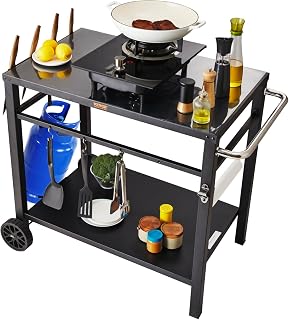 VEVOR Desserte Plancha met 2 niveaus, grillwagen met groot werkblad, grilltafel op wielen, voor pizzaoven, bereiding van keuken, BBQ, tuin, terras, buiten, 85 x 55 x 83,5 cm