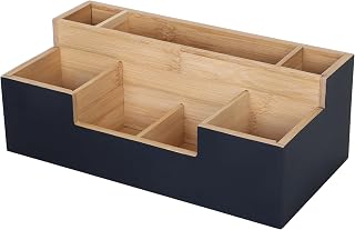 Relaxdays bureau organizer, 7 vakken, bamboe, pennenbak, zwart-natuur, 11 x 30 x 15 cm