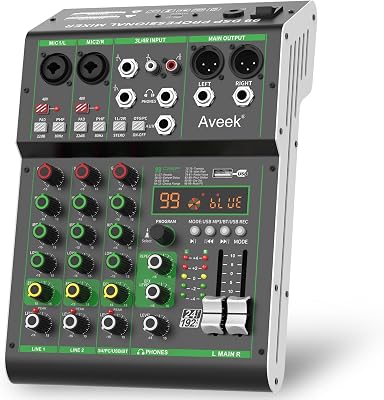 Aveek Audio Mixer, Professioneel Geluidsbord Mengpaneel met USB Drive/Bluetooth/Computer/4 Kanaals Stereo Ingang DJ Mixer, 48V Phantom Digitaal 99 DSP Effect Voor PC Opname Karaoke Studio Streamen