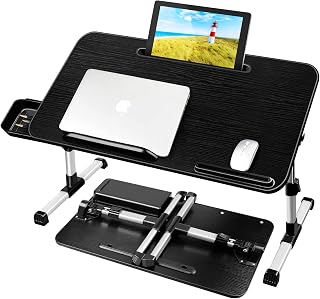 Laptoptafel voor Bed, Verstelbare Hoogte en Hoek, Inklapbaar Bedtafel met Lade, Tablet Standaard, Schoottafels voor Bed, Bank, Vloer (60 x 34 cm, Zwart)