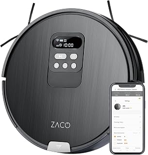 ZACO V85 Robotstofzuiger met dweilfunctie, bediening via app en Alexa, 8 cm plat, automatische stofzuiger, 2-in-1 dweilen of stofzuigen, voor harde vloeren, valbeveiliging, met laadstation