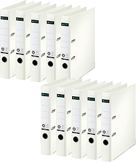 Leitz Kwaliteitsordner 180°, pak van 10, A4, smal, 5,2 cm rugbreedte, speciaal papier in linnen reliëf, blauwe engel, crèmewit, 10080001