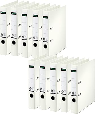 Leitz Kwaliteitsordner 180°, pak van 10, A4, smal, 5,2 cm rugbreedte, speciaal papier in linnen reliëf, blauwe engel, crèmewit, 10080001
