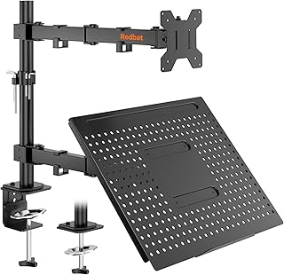 Redbat Verstelbare Monitor- en Laptopstandaard voor 13-32" LCD-LED Schermen, Monitorhouder met Laptoplade tot 16" Notebook, Laptoparm met VESA 75/100mm, 2 Montageopties