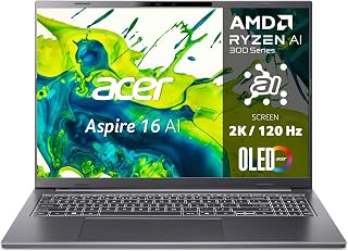 Acer Aspire 16 AI OLED (A16-61M-R8RH) KI-laptop, Copilot+ PC, 16 inch WUXGA+ OLED 120Hz display, AMD Ryzen AI 5 340, 16 GB RAM, 512 GB SSD, AMD Radeon 840M, Windows 11, QWERTZ toetsenbord, grijs