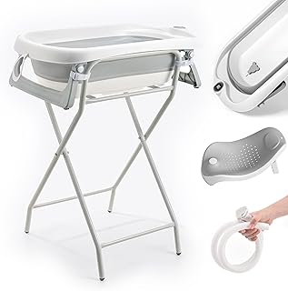 Opvouwbaar Babybad met Standaard – XXL Babybad met Ondersteuning, 2.0 Thermometer, Zitje & Afdraainsysteem – Ideaal voor de Douche – Vanaf Geboorte tot 3 Jaar – Perfect Babycadeau