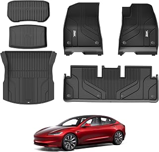 3W Vloermatten en kofferbakvoeringen geschikt voor Tesla Model 3 2024 2025 2026 Highland, Thorex All Weather Full Set Car liners en Cargo Mats, Hondvriendelijke Accessoires Custom Fit voor Nieuwe