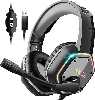 EKSA E1000 USB-gaming-headset voor pc, in-ear hoofdtelefoon met kabel, Nosie Cancelling Mic, surround-geluid, RGB-verlichting, gaming-headset met microfoon voor PS4/PS5-console, laptop