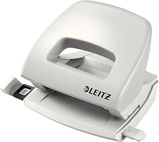 Leitz Kleine kantoorperforator van metaal, 16 vellen, geleiderail met formaataanduidingen, ergonomisch design, grijs, 50380085