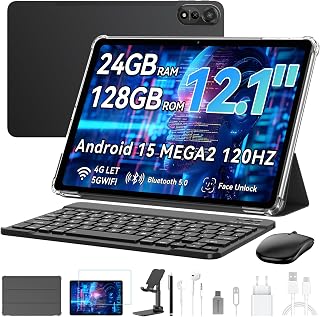Blackview Mega2 Tablet 12 inch Android 15 tablets, 24 GB RAM + 128 GB ROM, 120HZ 2K FHD gaming tablet met toetsenbord, muis, pen, hoofdtelefoon, 4G LTE+5G WiFi, 9000 mAh, WideVine L1, Dual Camera