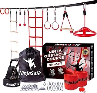 Ninja hindernisbaan voor kinderen achtertuin - 10 duurzame obstakels en 15 m slackline - outdoor speelset apparatuur voor meisjes en jongens met klimnet en ladder, wiel, krijger gymnastiek & apenbars