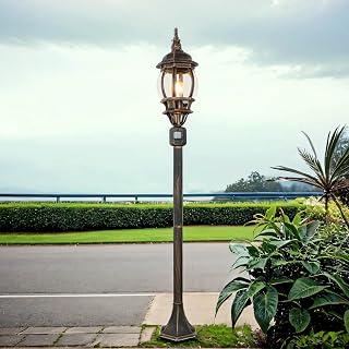 Licht-Erlebnisse Buitenstaande lamp met bewegingsmelder, aluminium, glas, in zwart koper, IP44, tuin, 123,5 cm, klein, E27, rustieke mastlamp, buiten BREST