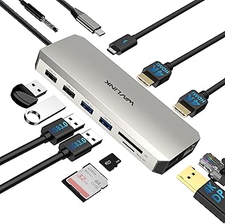 USB-C-dockingstation voor twee monitoren, WAVLINK dockingstation met twee HDMI, DP, 100W PD, USB 3.0 & 2.0, RJ45, SD/TF-sleuven, audio/microfoon, alleen compatibel met Windows-computers
