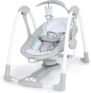 Ingenuity ConvertMe 2-in-1 compacte draagbare babyschommel en kinderzitje, 5 automatische schommelinstellingen, rustgevende trillingen, 12 melodieën, 4 natuurgeluiden - Raylan, van pasgeboren tot 9 maanden,