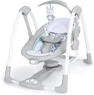 Ingenuity ConvertMe 2-in-1 compacte draagbare babyschommel en kinderzitje, 5 automatische schommelinstellingen, rustgevende trillingen, 12 melodieën, 4 natuurgeluiden - Raylan, van pasgeboren tot 9 maanden,