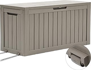 YITAHOME Opbergdoos voor buiten met wielen, 270L kunststof dekbox, waterdichte tuinkist voor kussens, gereedschap en zwembadbenodigdheden, afsluitbaar, kunsthoutnerf, 114,7 x 46,5 x 57,6 cm