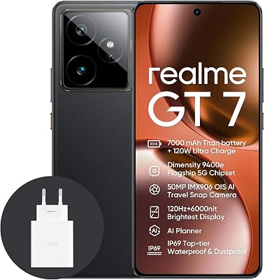 realme GT7 5G Smartphone, 12 + 256 GB, 7000 mAh batterij, 120 W opladen, Dimensity 9400e Chipset, IMX906 50MP camera, AI Planner, 6000nits Pro-Esports 120Hz Display, IP69, Zwart, Amazon Exclusive