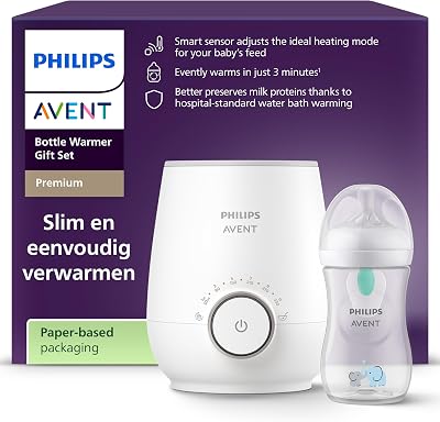 Philips Avent-flessenwarmer Cadeauset – Premium, Snelle Flessenwarmer & Natural Response-fles, Slimme Temperatuurregeling, Gelijkmatig Opwarmen, Autom. Uitschakeling, Voorzichtig Ontdooien, SCF358/10