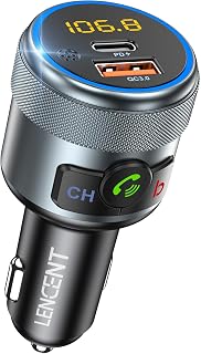 LENCENT Auto Bluetooth 5.1 FM Transmitter, 38W Snel Opladen PD+QC, Draadloze Bluetooth FM Zender met PD & QC3.0 Dual USB, Handsfree, Bass Sound, Strong Microfoon, Siri Google Assistant