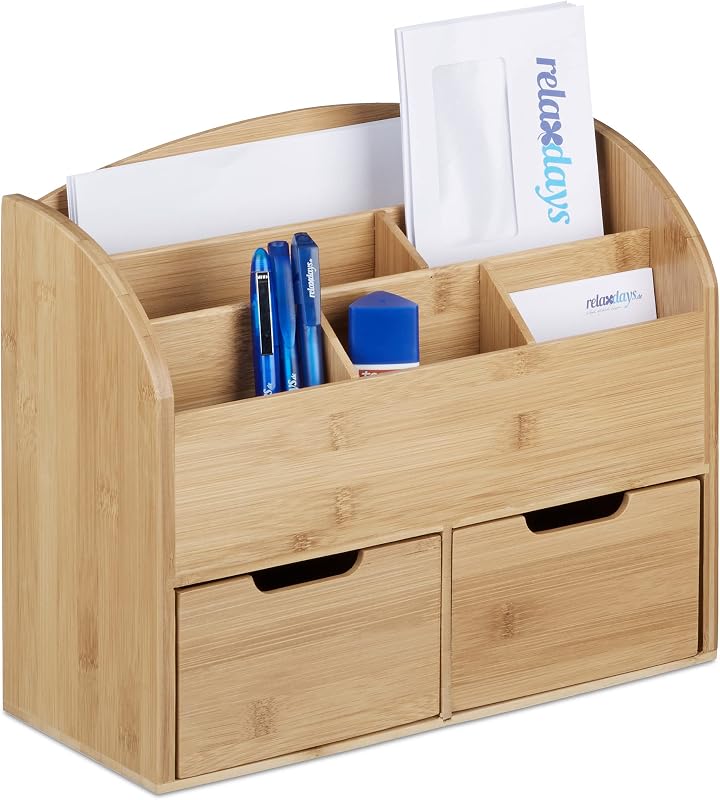 Relaxdays bureau organizer bamboe, brievenbak, 6 vakken, 2 lades, natuurlijke houtnerf, HxBxD: 28 x 33 x 13.5 cm, natuur