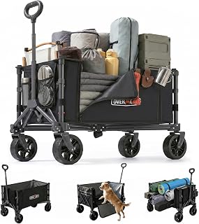 Overmont 3-in-1 opvouwbare wagenwagen, ultracompacte lichtgewicht vouwwagen met all-terrain wielen, 120 liter, draagbaar, voor winkelen, kamperen, tuin en sport