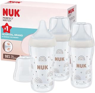 NUK Perfect Match flessenset, vanaf 3 maanden, past zich aan het gehemelte van de baby aan, temperatuurcontrole, anti-koliek ventilatie, 260 ml, BPA-vrij, middelgrote siliconen zuiger,