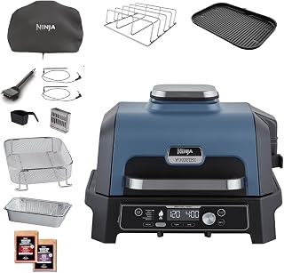 Ninja Woodfire Pro Connect XL Elektrische BBQ Grill & Rookoven met Appbediening, 2 Digitale Sondes, Deksel, Voering & Schoonmaakborstel, Grote 7-in-1 Buitengrill & Airfryer, OG901EUAMZ