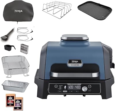Ninja Woodfire Pro Connect XL Elektrische BBQ Grill & Rookoven met Appbediening, 2 Digitale Sondes, Deksel, Voering & Schoonmaakborstel, Grote 7-in-1 Buitengrill & Airfryer, OG901EUAMZ