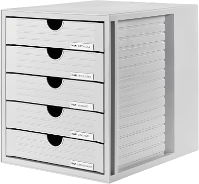 Han 1450-11 Ladekast, Voor Documenten Tot Din C4, Met 5 Gesloten Laden, Lichtgrijs, 33 x 27,5 x 32 cm