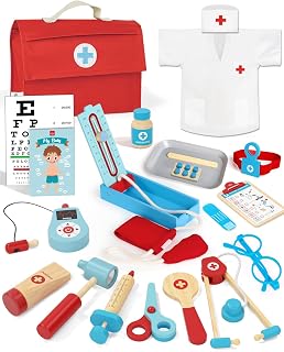 Lehoo Castle Doctors Set voor kinderen, speelgoed voor 3-jarige jongens, houten kinderartsenset met dokterskostuum, kinderartsenset, kinderspeelgoed vanaf 3 jaar, 3-jarig jongensspeelgoed (Blauw)