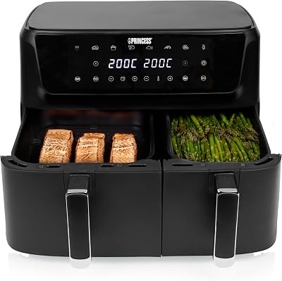 Princess Airfryer met Dubbele Mand en Digitaal Display, Totale Capaciteit 11 L (6,5 L + 4,5 L), 2700 W, 8 Automatische Programma’s, 80–200 °C, Antiaanbaklaag, 182470