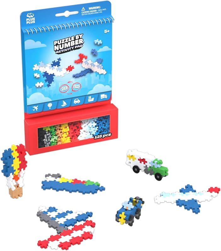 Plus-Plus - Activiteitsblok voor kinderen – 125 delen – thema transport, vliegtuig, boot, auto, vrachtwagen – bouwspel voor kinderen vanaf 5 jaar – educatief en speels speelgoed voor meisjes en