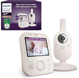 Philips Avent Premium babyfoon, afgeschermde en veilige babyfoon, camera/audio, DEKRA gecertificeerd, wit, 8,9 cm 3,5" scherm, 4x zoom, nachtzicht, 2-weg audio, kamertemperatuur, SCD891/26