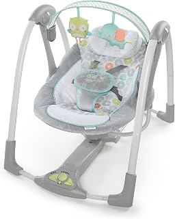 Ingenuity - Swing 'n Go draagbare schommel - Knuffels en toeters, 5 swingsnelheden, 8 rustgevende melodieën, verwijderbare speelgoedbeugel, vanaf pasgeboren leeftijd, grijs