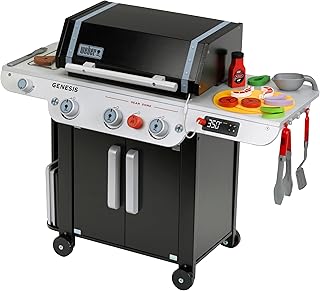 Theo Klein 9445 Weber barbecue Genesis van hout I Incl. inzetstukken voor biefstuk, pizza of groenten I Met speelgoed eten en BBQ-bestek I Speelgoed voor kinderen vanaf 3 jaar