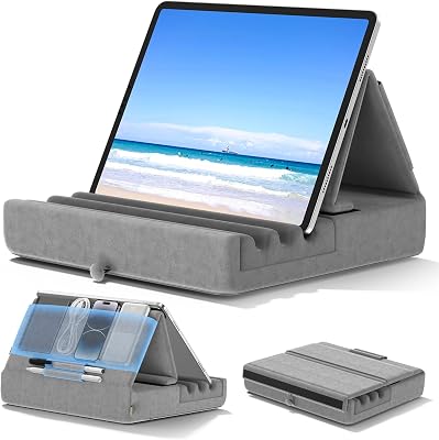 KDD Tablet-kussenhouder, opvouwbare iPad-standaard voor schoot, bed en bureau, tablet, zachte pad met opslag en styluspuntbevestiging, compatibel met iPad Pro 10.5 12.9 Air Mini, Galaxy Tab, E-Reader
