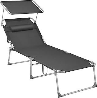 SONGMICS Ligstoel groot, inklapbaar, ligstoel, 200 x 71 x 38 cm, draagvermogen 150 kg, met zonnescherm en verstelbare rugleuning, voor tuin, zwembad, terras, donkergrijs GCB22GYV2